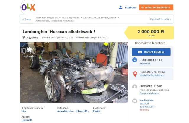 Interneten hirdetik az itthon rommá tört Lamborghini Huracánt
