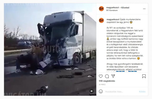 Az autópálya túloldalára dobta a Magyar Közút teherautóját a belecsapódó kamion