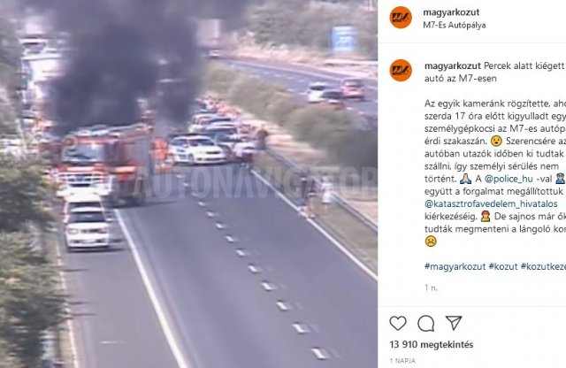 Pillanatok alatt porig égett egy autó az M7 autópályán. Kitalálod, milyen márka volt?