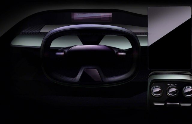 A hatalmas, modern Škoda tanulmányautó egy képernyőkkel teli, futurisztikus műszerfalat kap