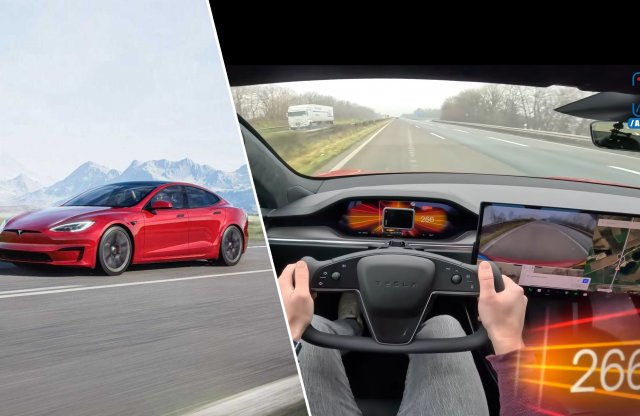 Rémisztő, hogy mit tud az Autobahnon a furcsa kormányos Tesla Model S Plaid